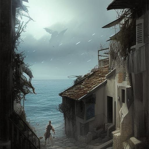 Sinister Greek Island Town by the Shore