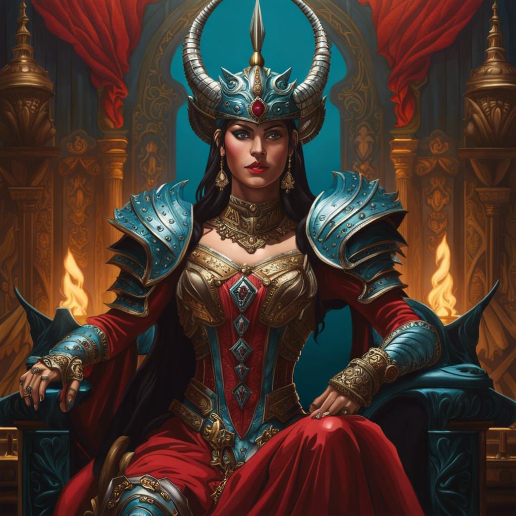 Demon Lady on Throne with Warrior: Dark Fantasy Art