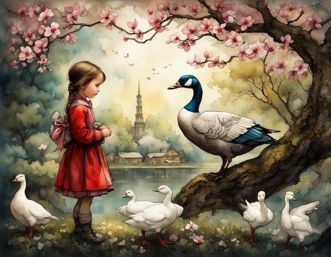 Girl and Goose Under Dogwood Tree, Watercolor Illustration