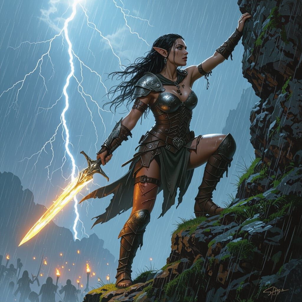 Elven Warrior Princess Escapes in a Fantasy Landscape