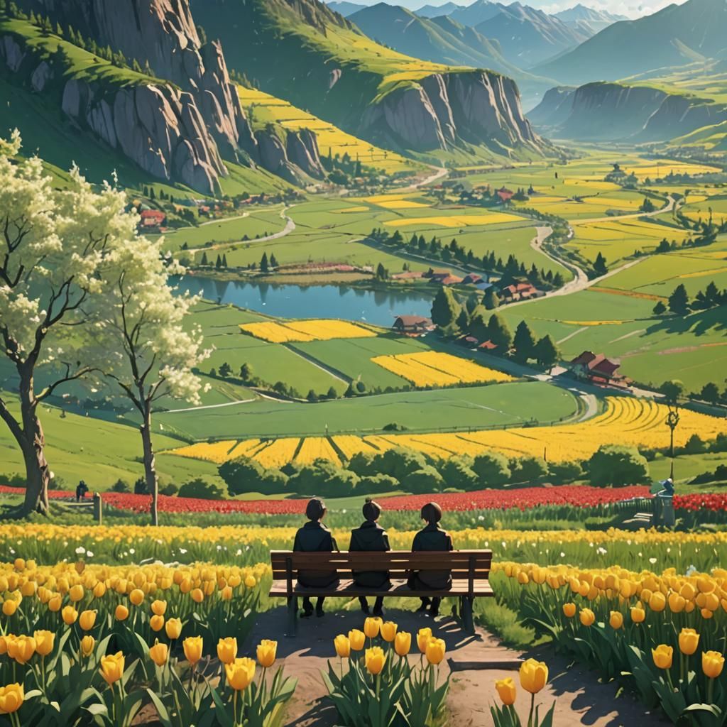 Anime Landscape: Red and Yellow Tulips, Green Mountains
