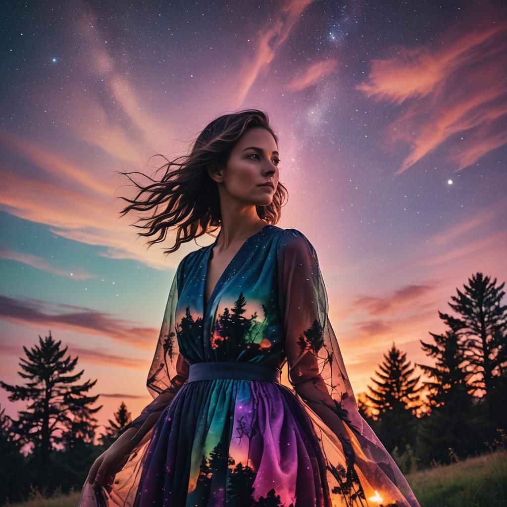 Ethereal Double Exposure: Woman and Sunset Landscape