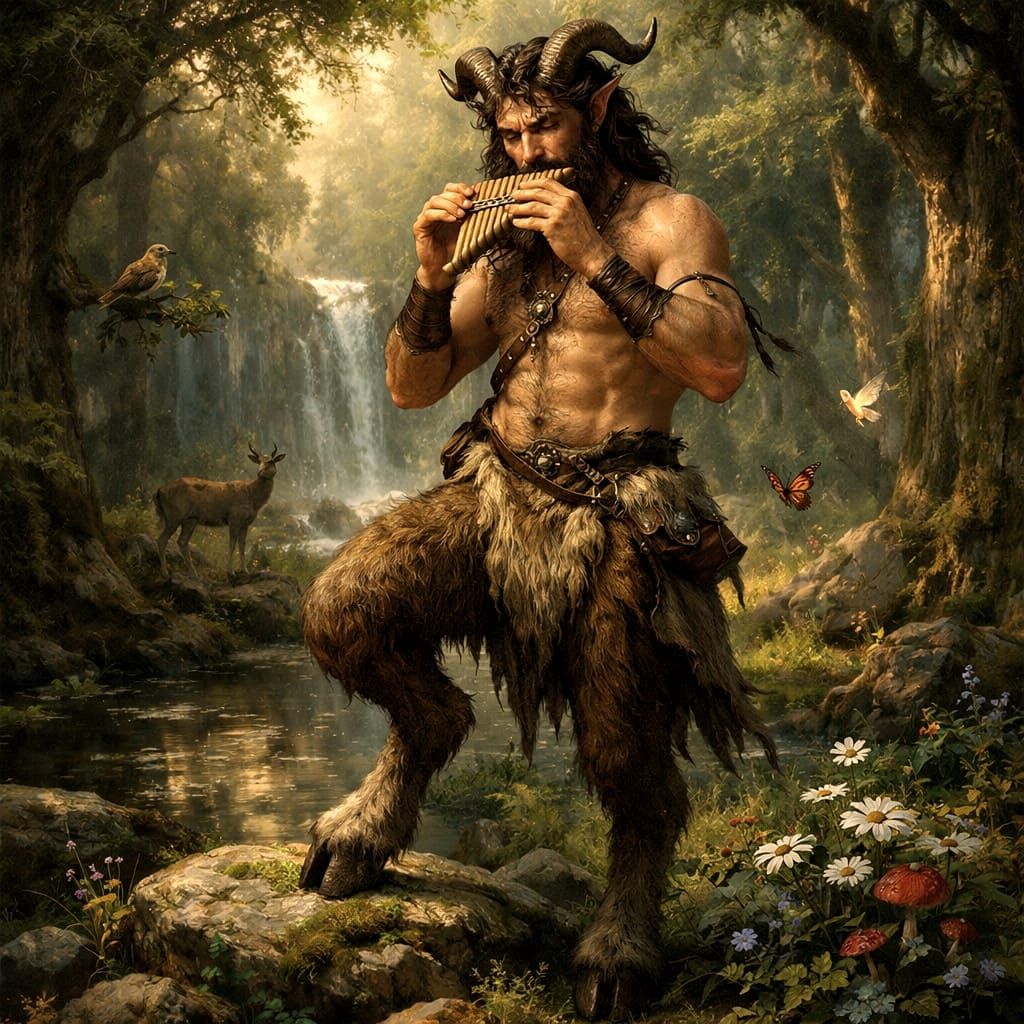 God Pan Plays Flute in Enchanted Forest
