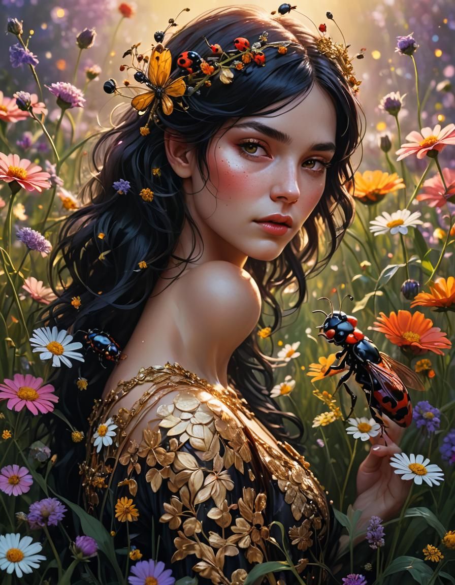 Surreal Fantasy Queen Fairy Surrounded by Glowing Flowers