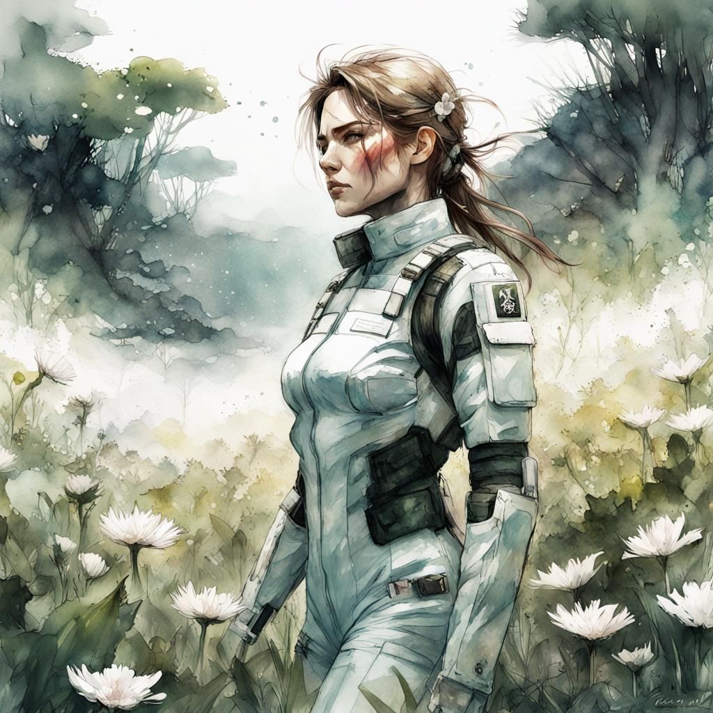 The Boss in White Flowers, Digital Watercolor Art