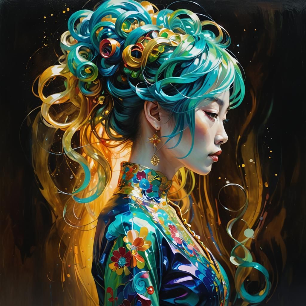 Beautiful Japanese Woman Portrait in Lyrical Abstraction