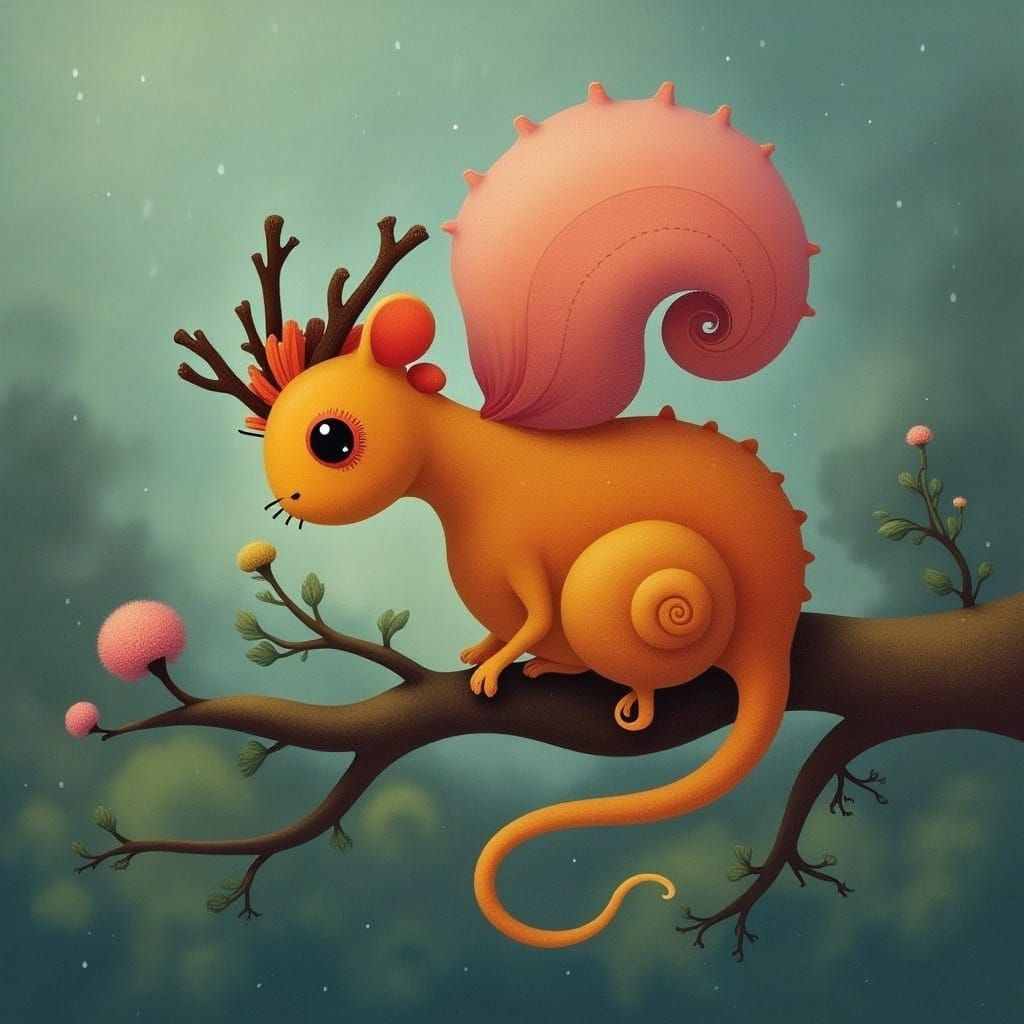 Whimsical Cartoon Dragon Takes Refuge in Rainy Bloom