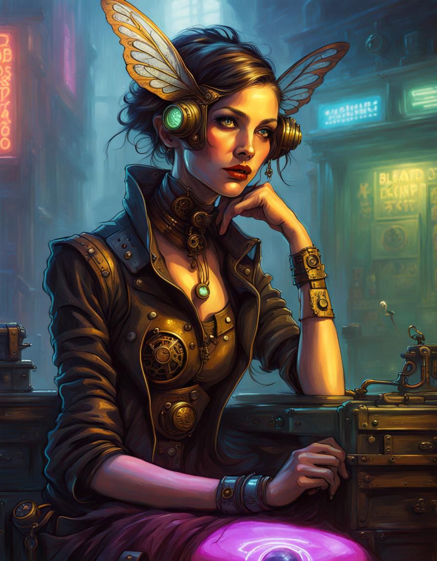 Steampunk Fairy with Cyberpunk Neon Style