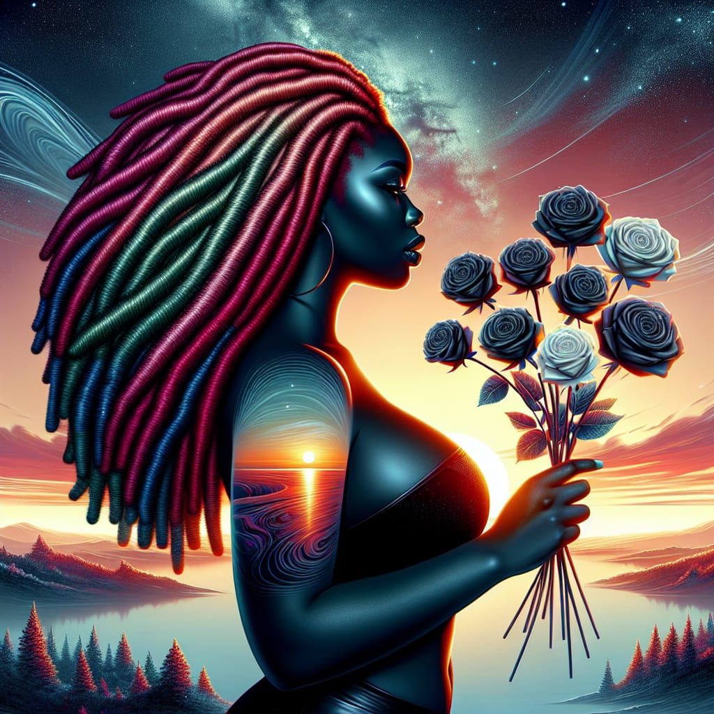 Afrofuturist Portrait of Woman with Roses at Sunrise