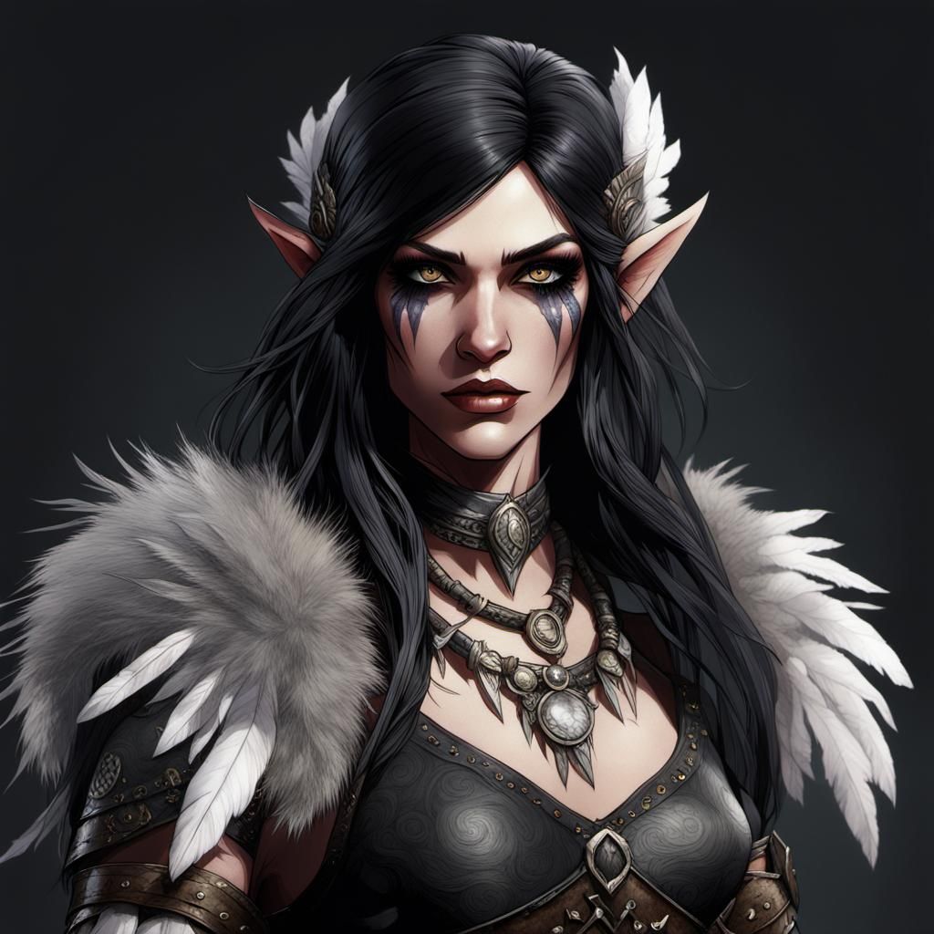Elven Barbarian with Raven Hair in Romantic Style