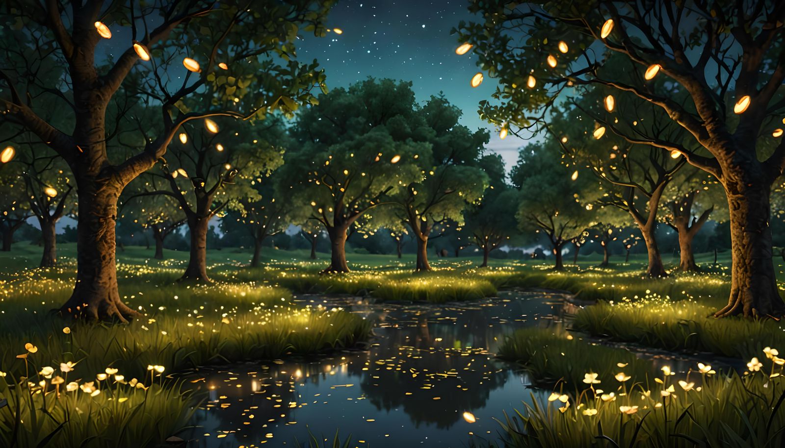 Glowing Fireflies Illuminate Orchard: Fantasy Concept Art