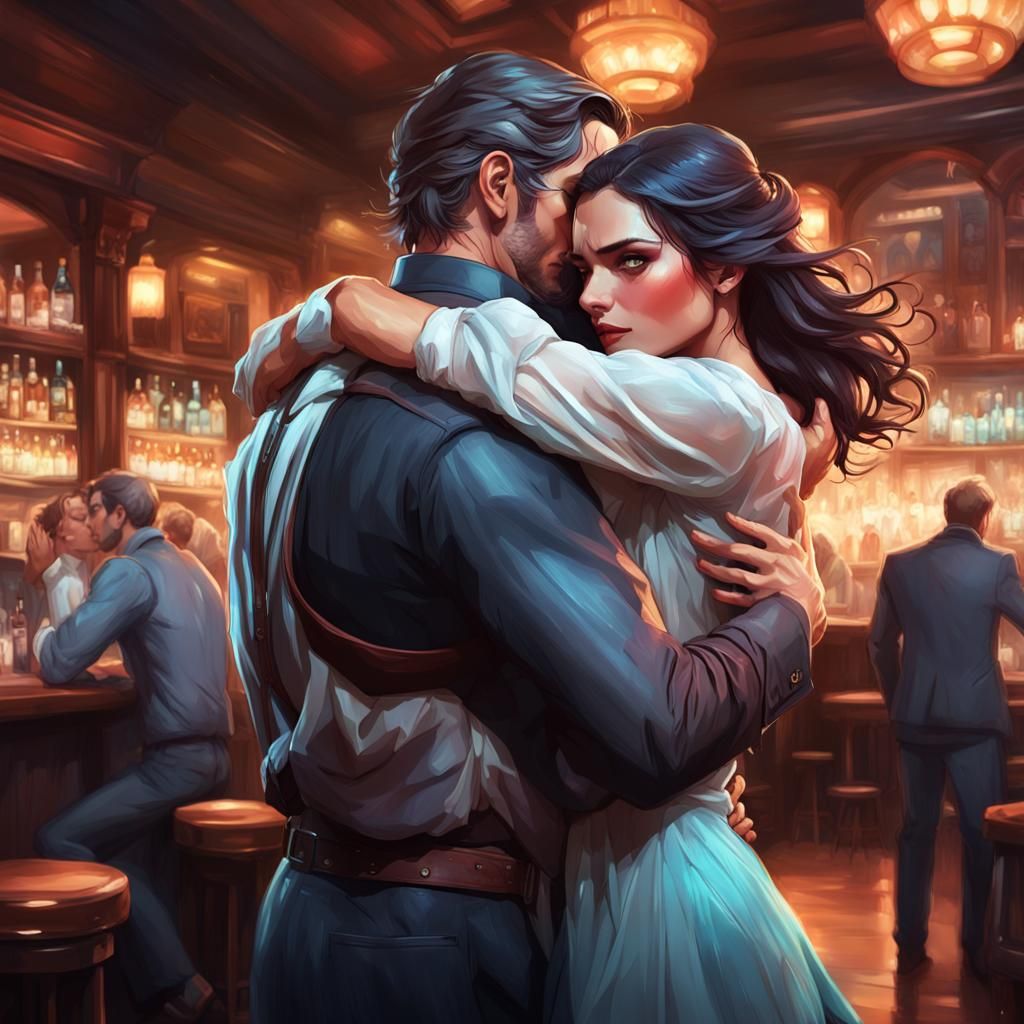 Man Carries Woman in Crowded Bar: Digital Art
