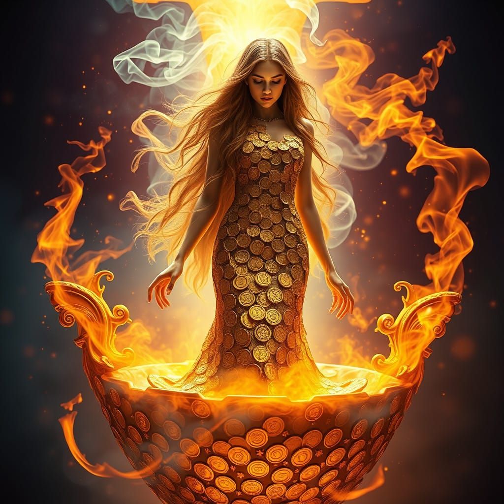 Golden Goddess Emerges from Baroque Vase in Vibrant Fantasy...