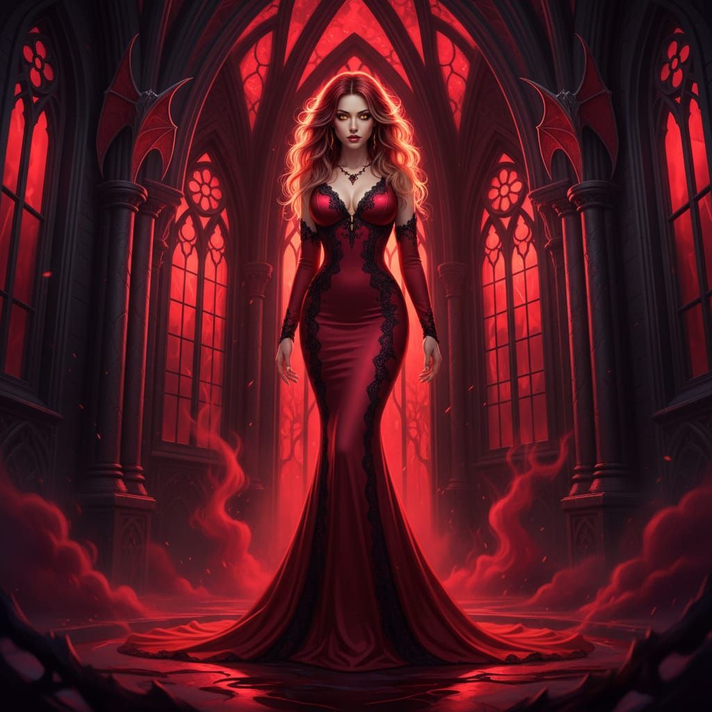 Crimson Temptress in Glowing Gothic Background