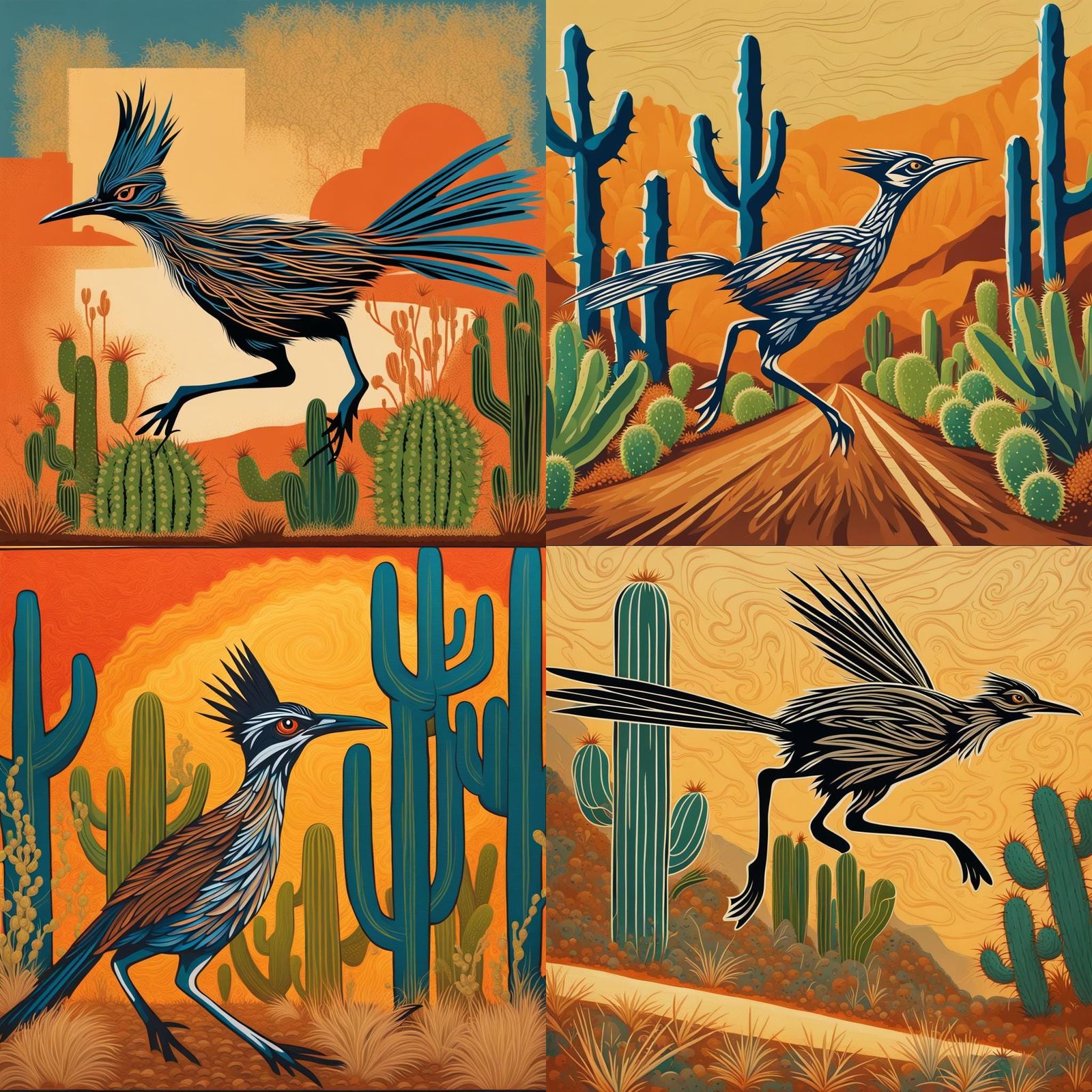 Roadrunner Silhouette Amidst Desert Flora: Abstract Art
