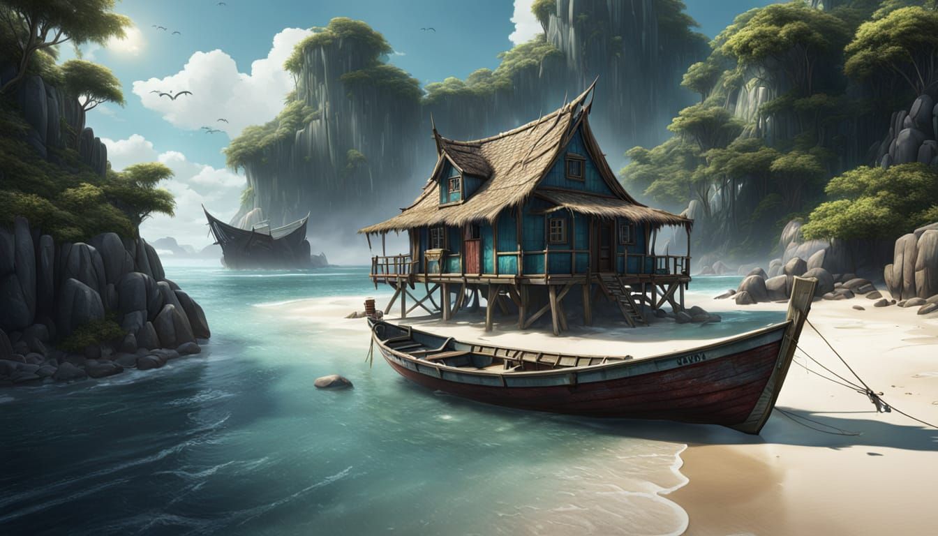 Surreal Fisherman's Village in Vibrant Fantasy World