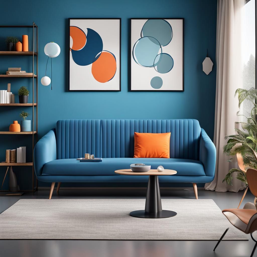 Modern Living Room with Blue Couch in Vector Style