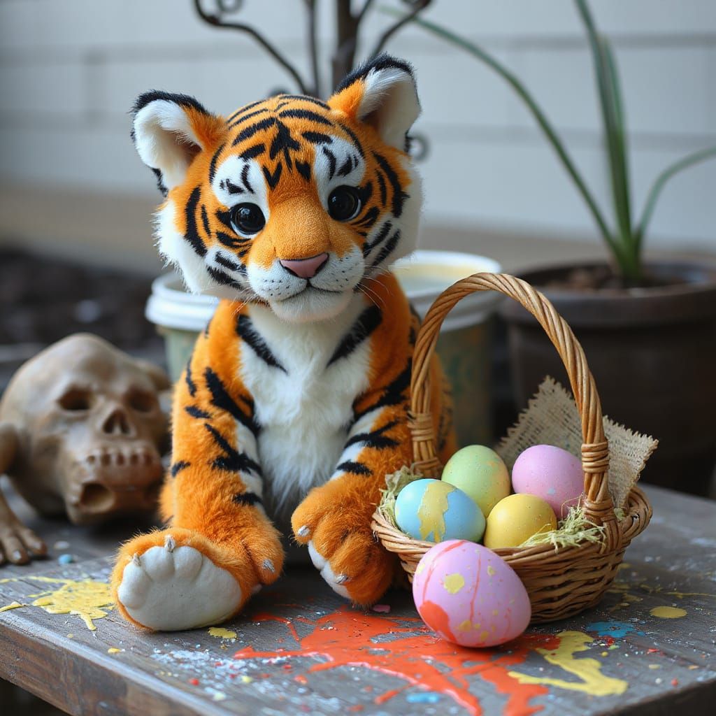 Whimsical Tiger Cub Easter Scene in Vibrant Paint