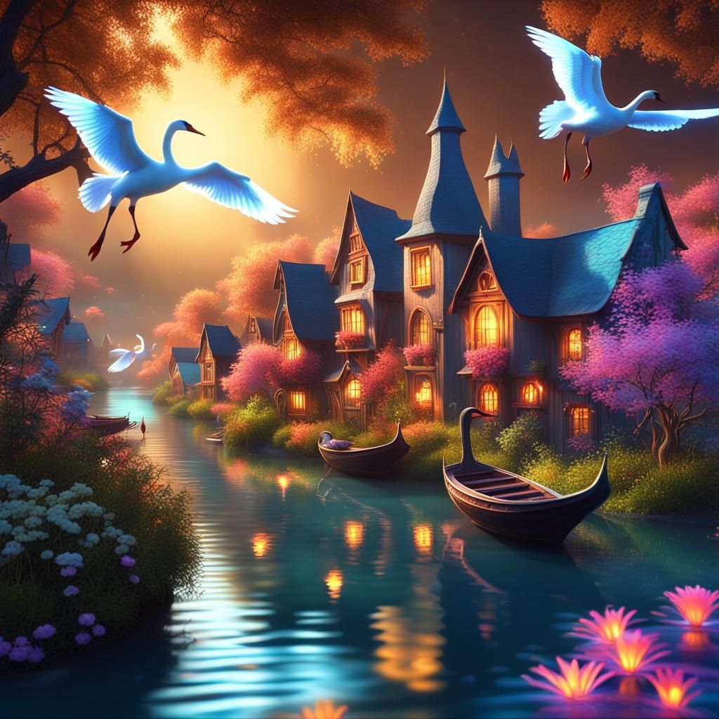 Utopian world .. peaceful village surrounded by magical natu...