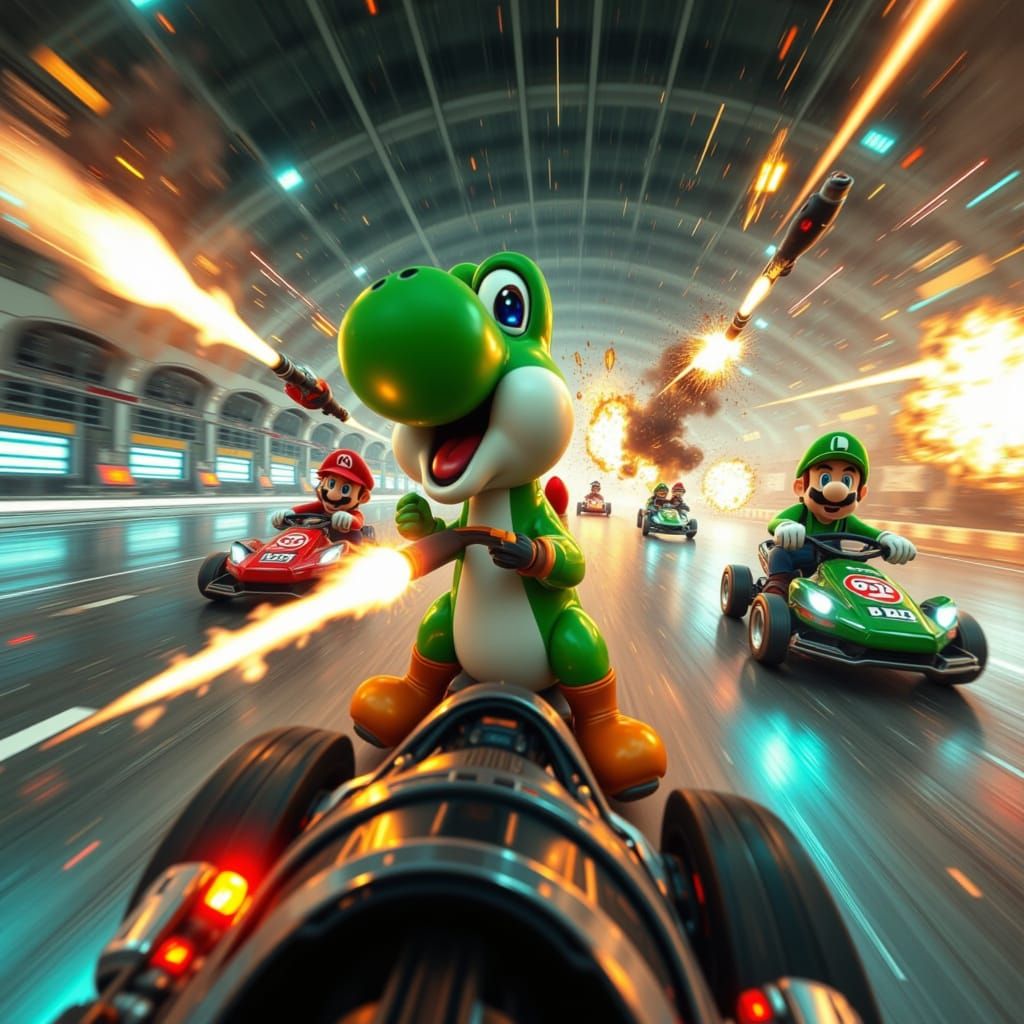 Lunacy-Style Mario Kart Action Scene with Yoshi and Princess