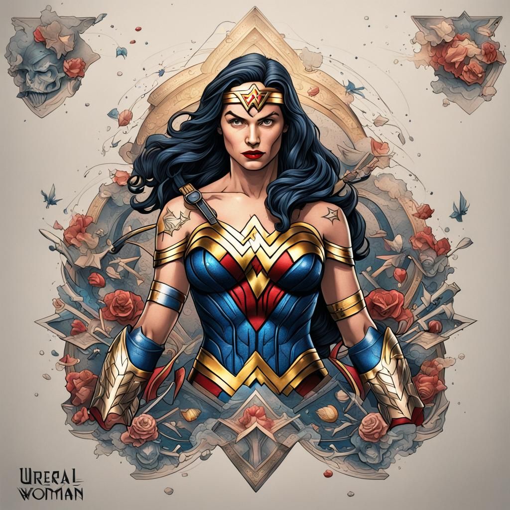 Wonder Woman Tattoo Design with Symbolic Elements