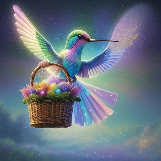Hummingbird in Glitter Storm Delivers Easter Eggs
