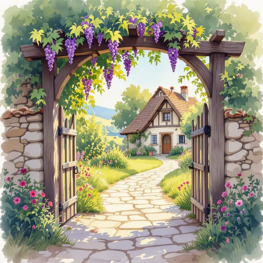 Watercolor Path: Wisteria Arch to Cottage