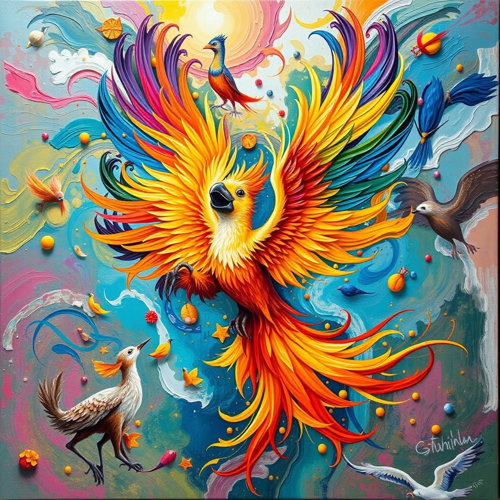 Majestic Phoenix Painting in Whimsical Style