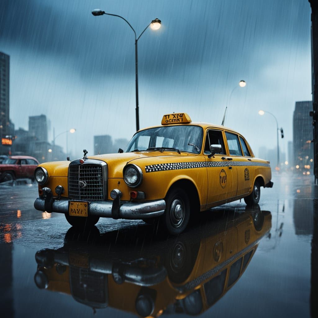 Intense Taxi Driver Portrait in Rainy City