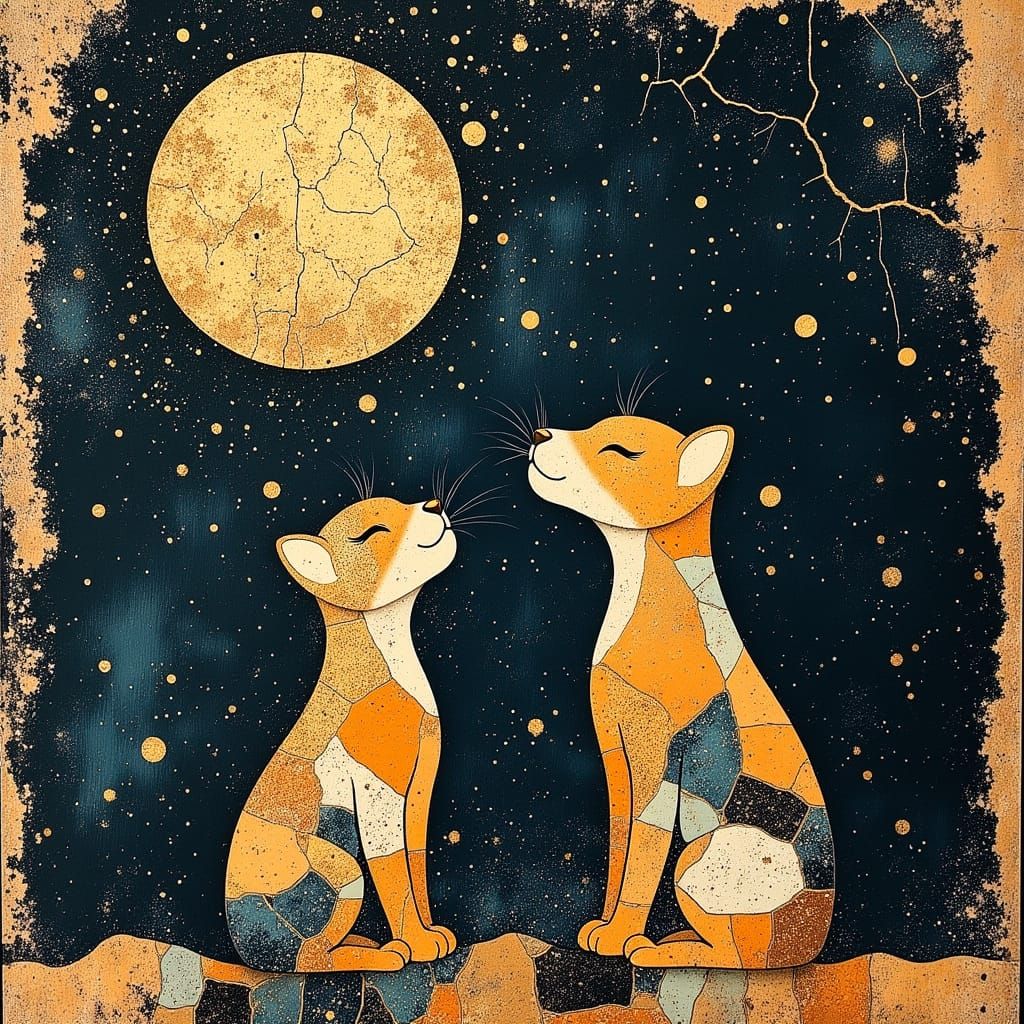 Stylized Lions Beneath a Cosmic Sky and Cracked Moon