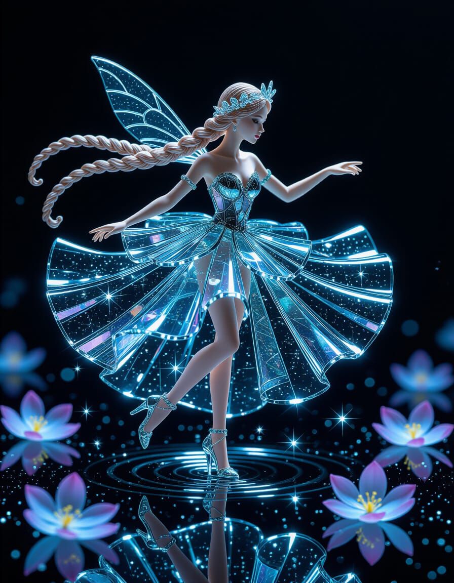 Tiny Fairy Dancing in Glass Shard Dress on Reflective Surfac...
