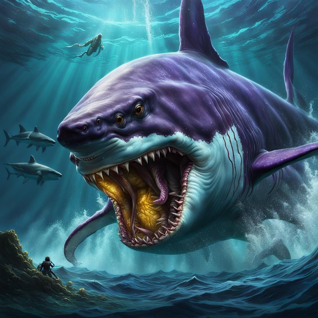 Kraken Attacks Great White Shark, Dark Fantasy Art