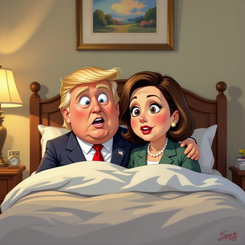 Ghibli-Style Caricature of Trump and Pelosi in Bed