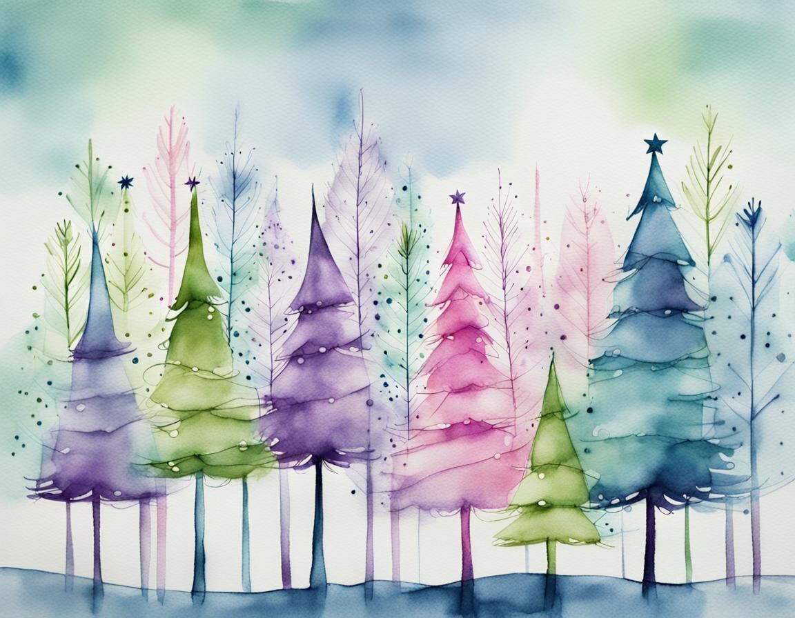 Whimsical Christmas Trees in Ink and Wash Style