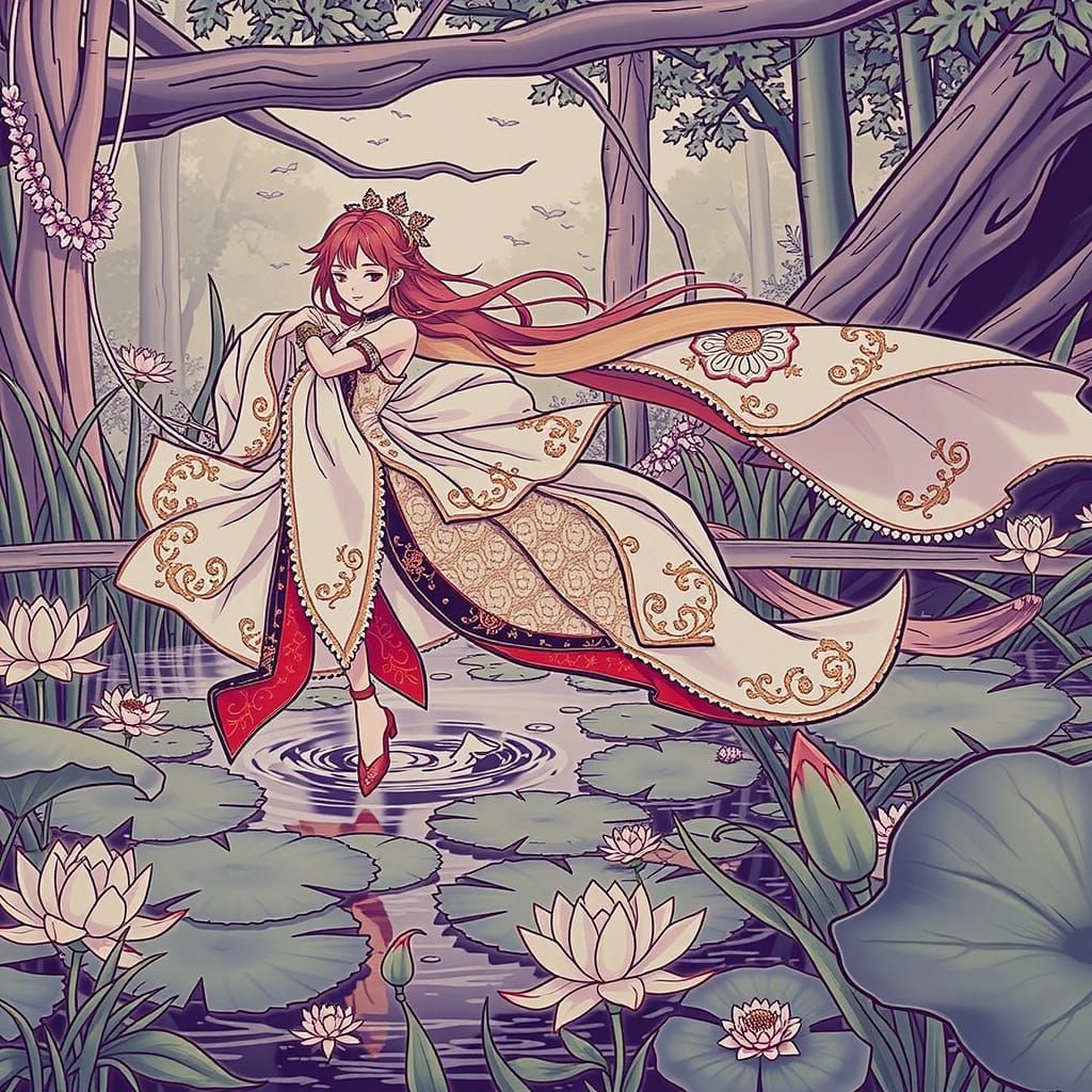 Elegant Figures in Ornate Attire Amidst Floral Pond