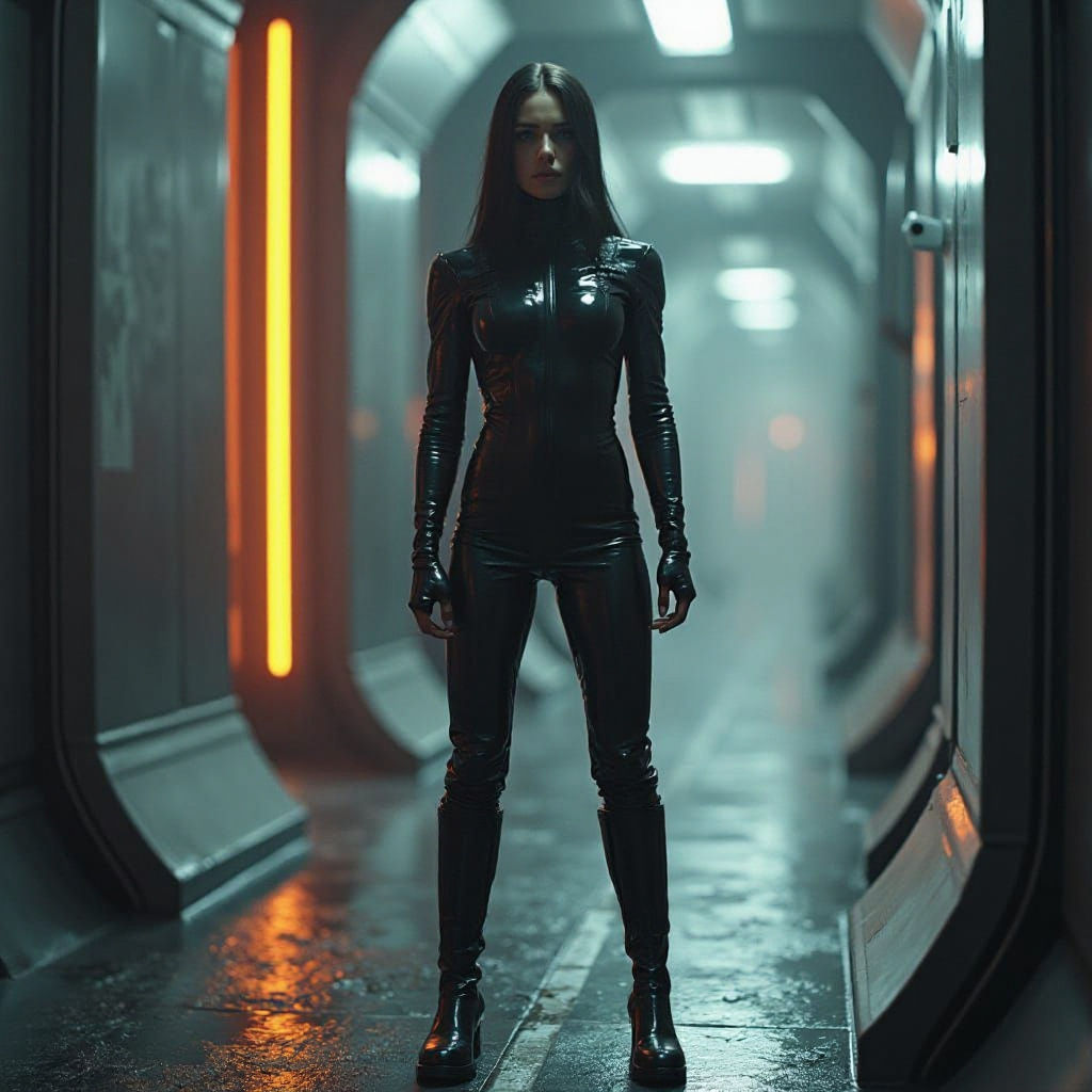 Futuristic Female Soldier in Black Latex