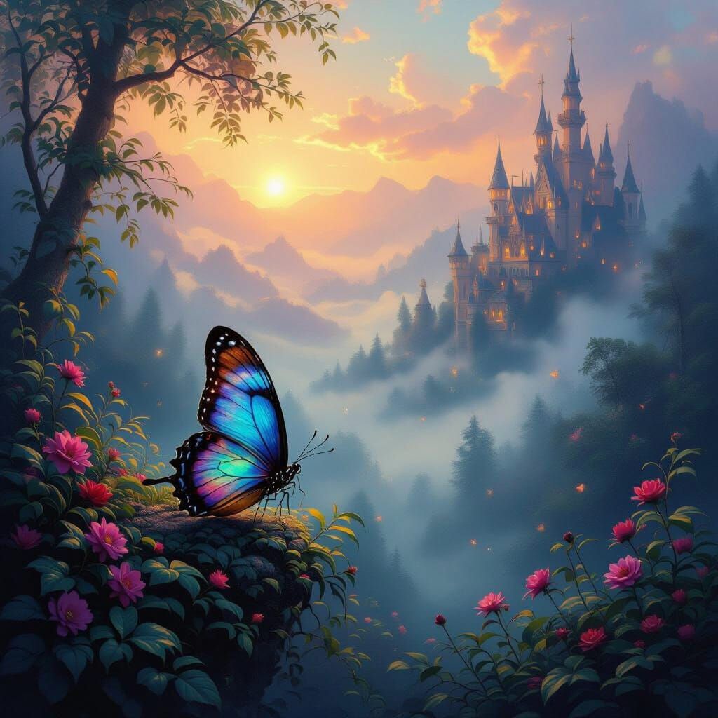 Vibrant Butterfly in Ethereal Fantasy Landscape