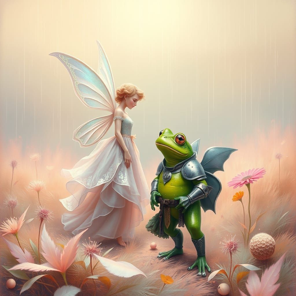 Whimsical Pastel Fairy and Frog Warrior in Serene Rainy Land...