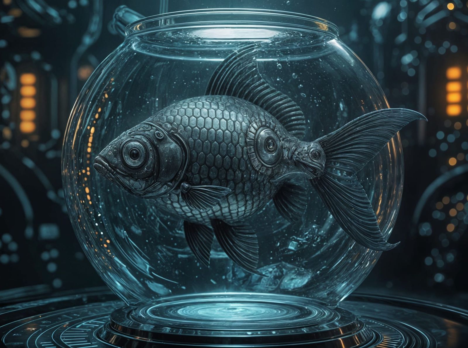 Biomechanical Xenomorph Goldfish in Sci-Fi Bowl