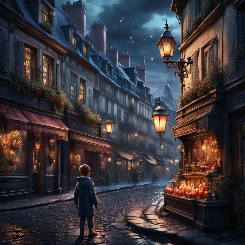 Child with Candle in Paris Street, Detailed Matte Painting