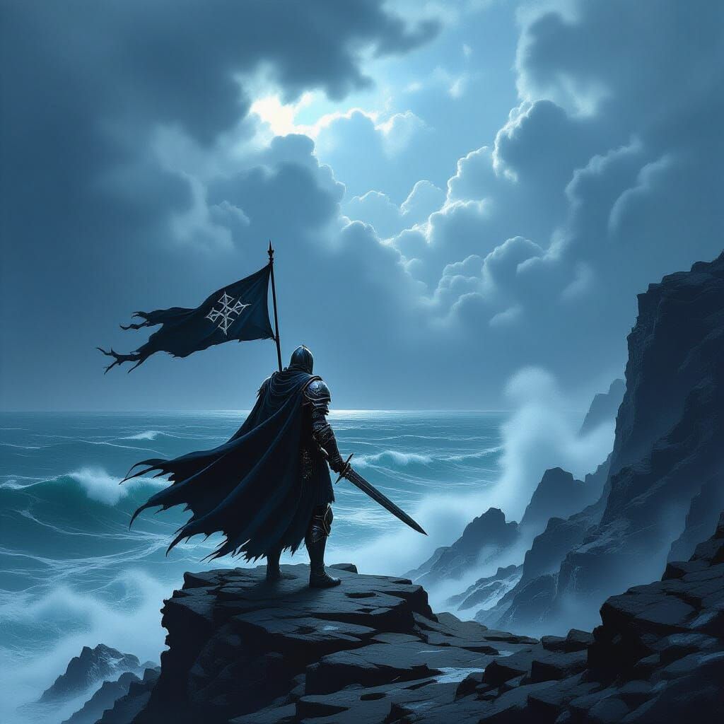 Knight on Cliff Overlooking Stormy Sea