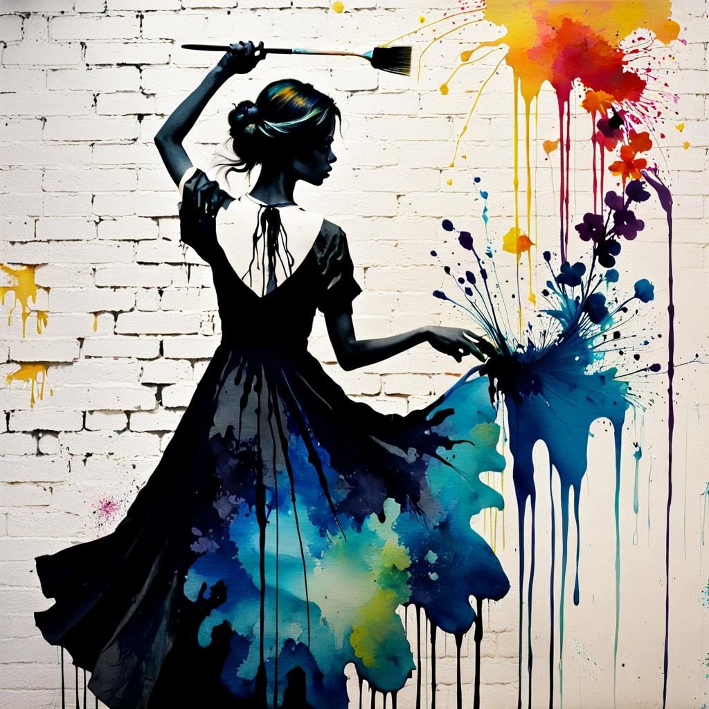 Silhouette Woman Painting Her Dress in Watercolor Style