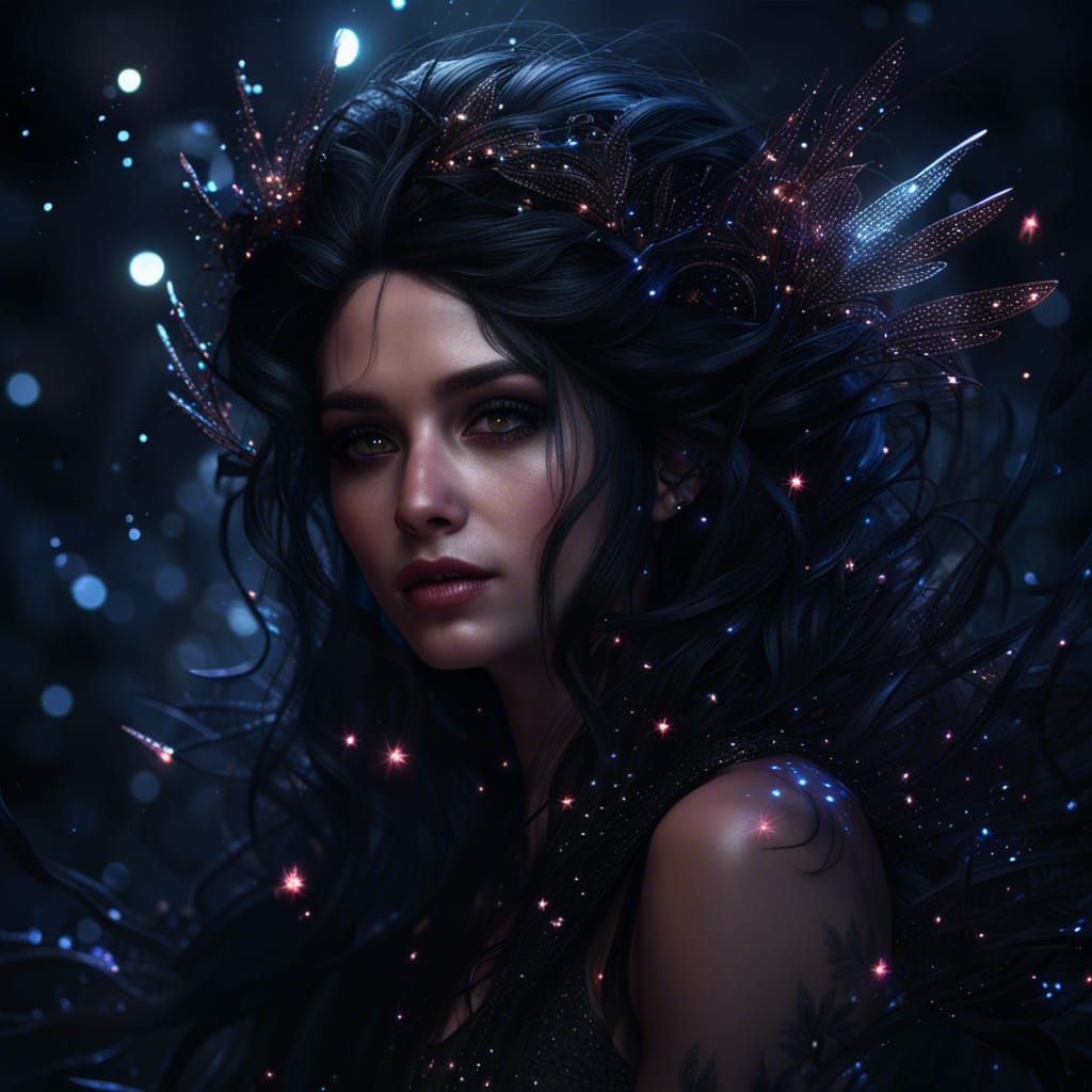 Gothic Dark Fairy Portrait with Windblown Hair