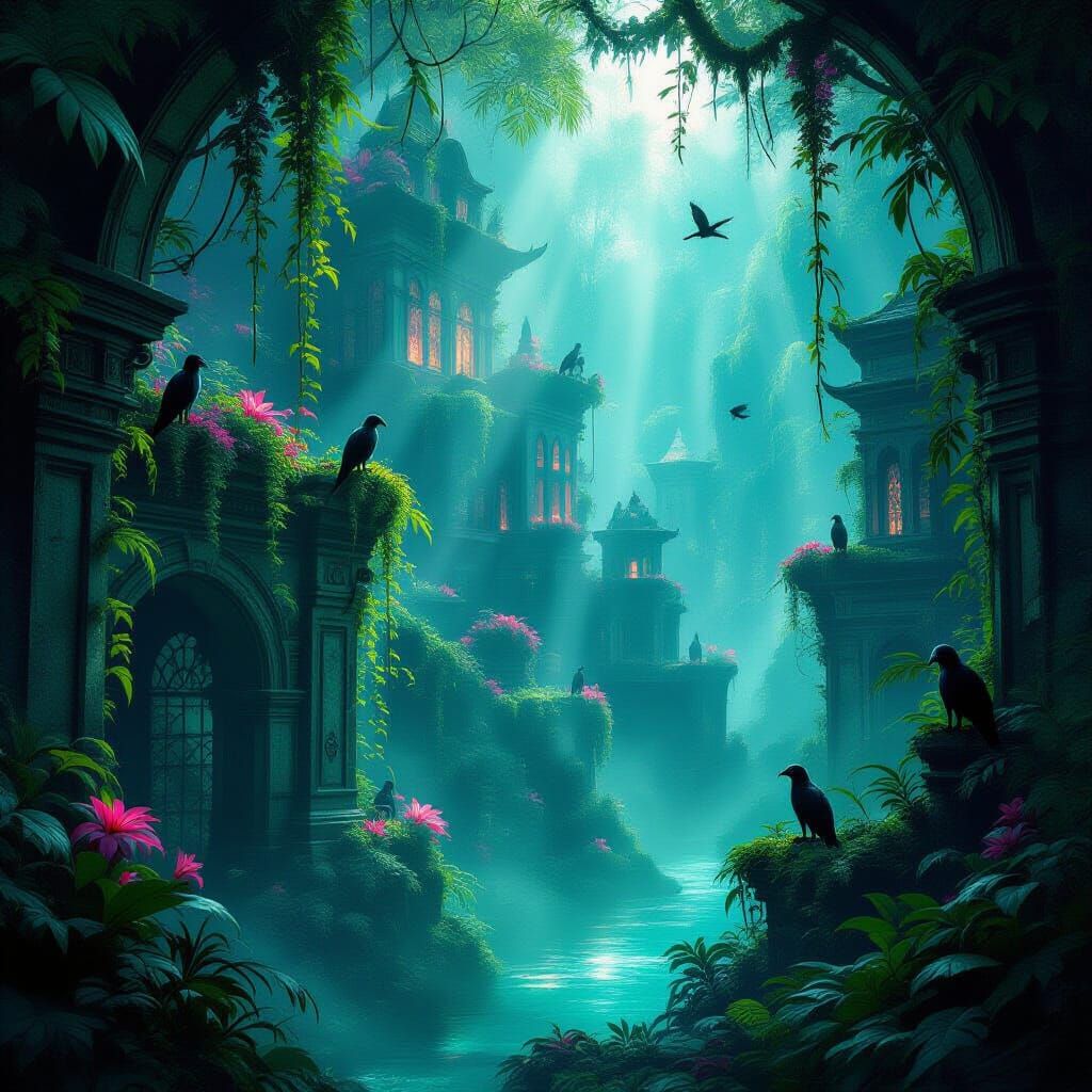Elven City in Phosphorescent Jungle, Dark Fantasy Art