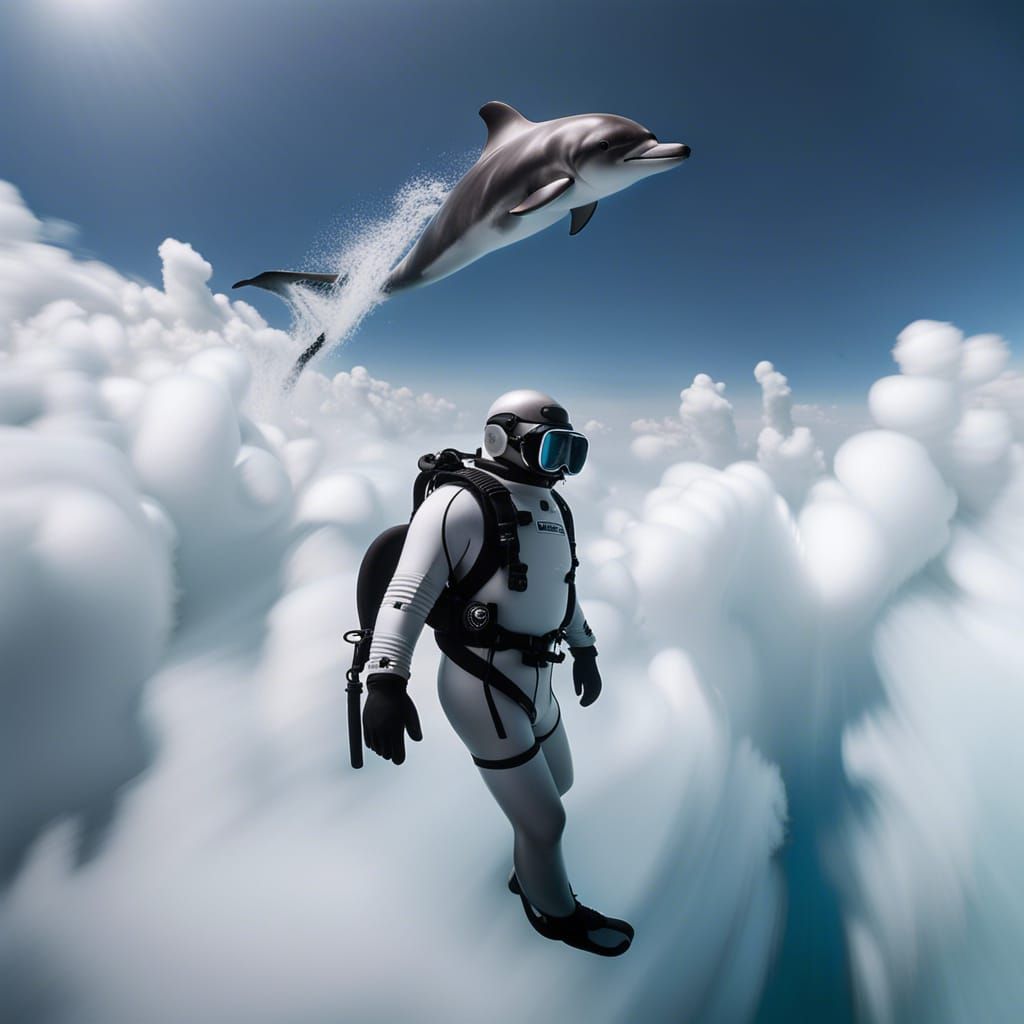Diver and Dolphin Swim in Clouds: Photography Style