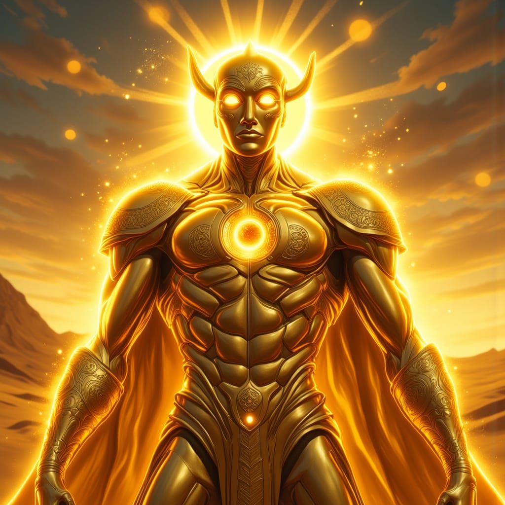 Solar Savior: Radiant Superhero in Liquid Gold Armor
