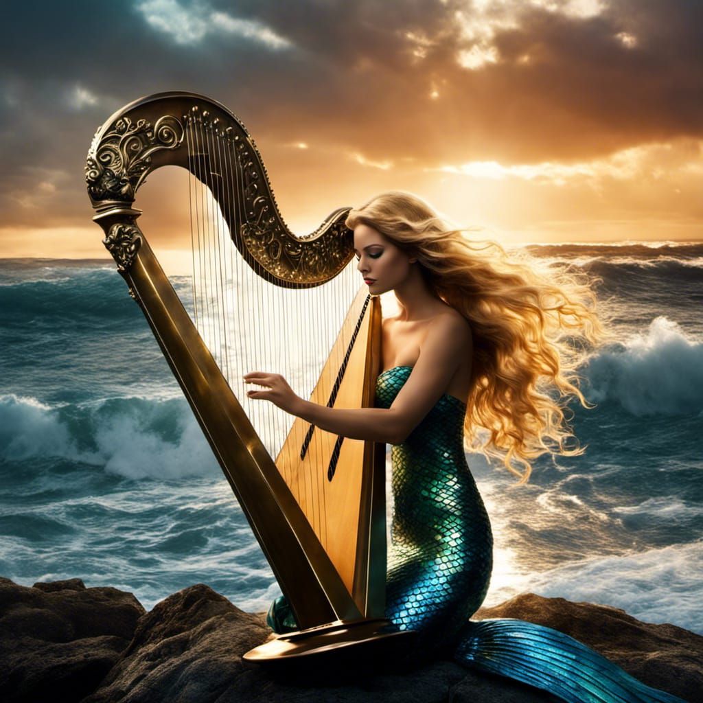 Cyberpunk Mermaid Playing Harp with Broken Glass Effect