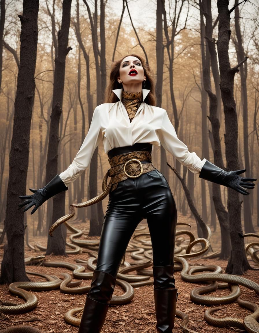 Woman Surrounded by Snakes in a Hyperrealistic Style