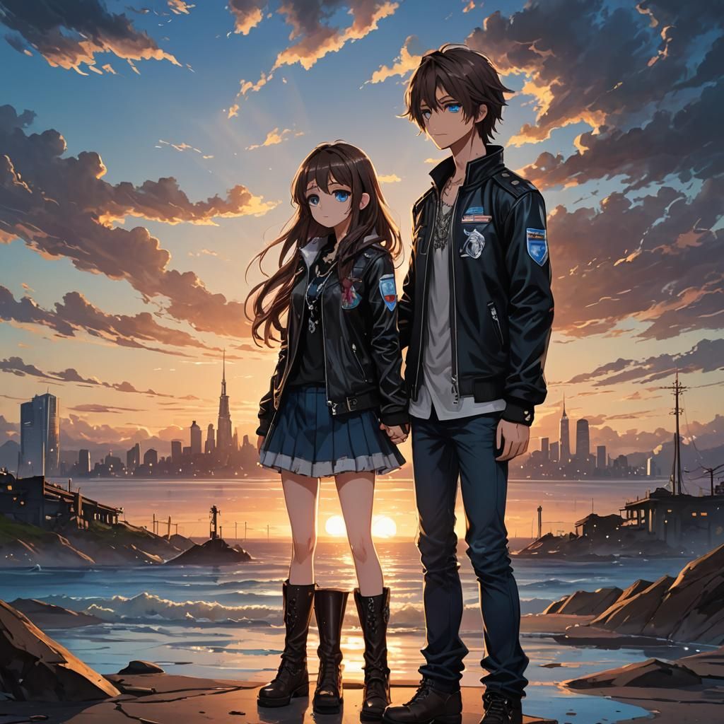Anime Couple Holding Hands at Sunset