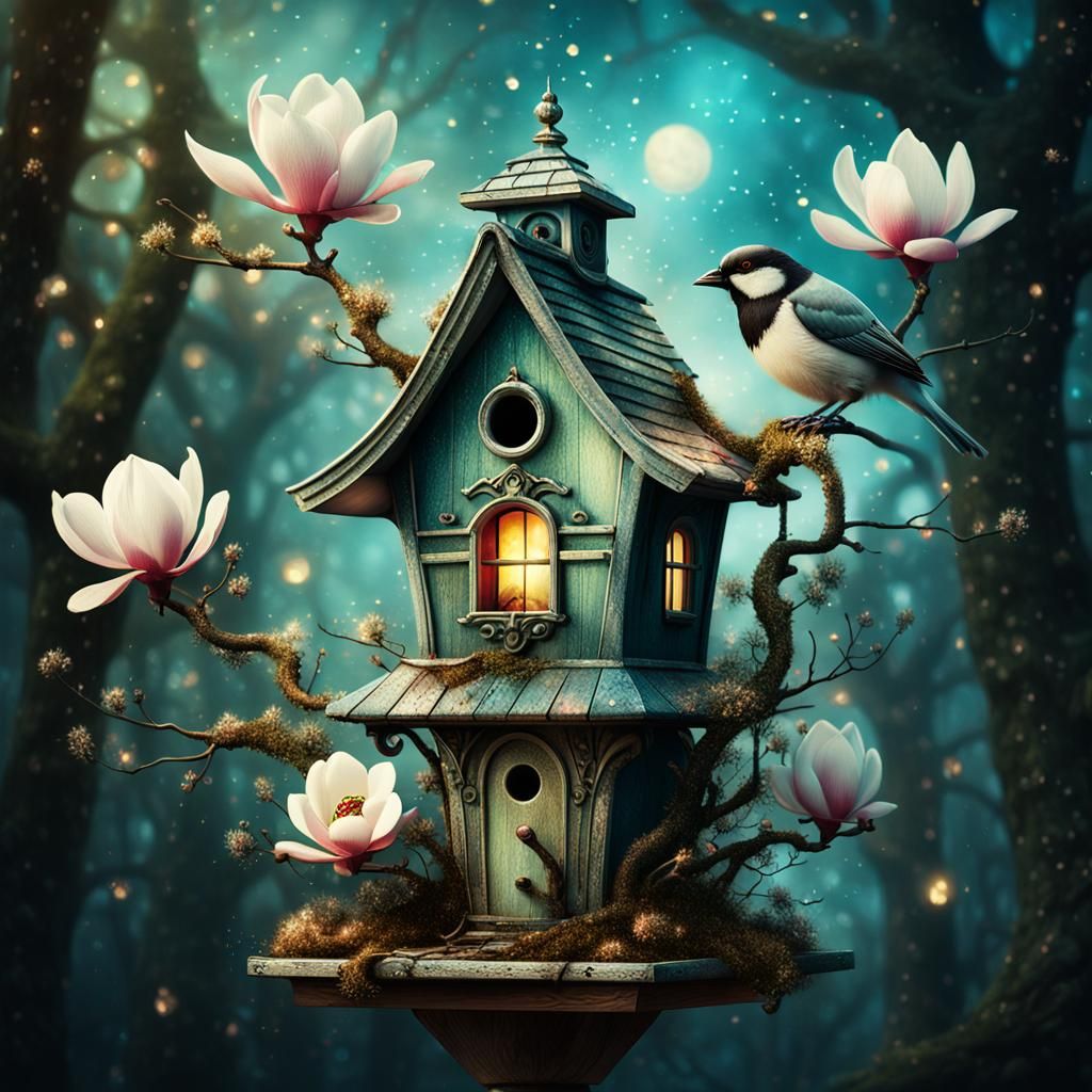 Surreal Birdhouse in Magnolia Flower, Fantasy Illustration
